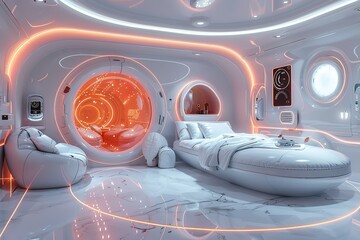 Wall Mural - a futuristic room with a white bed and orange walls