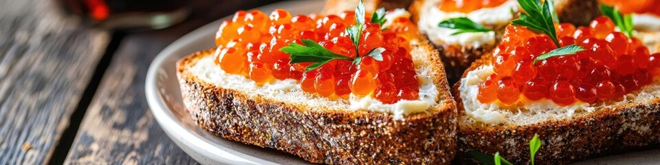 Wall Mural - sandwiches with red caviar. Selective focus