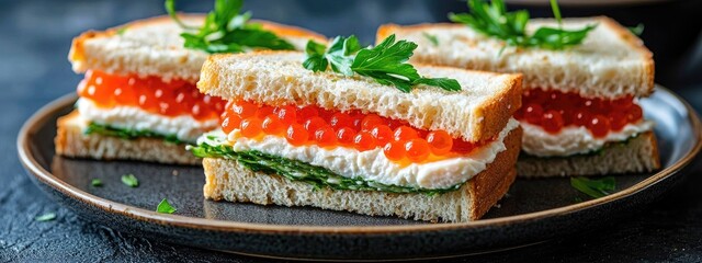 Sticker - sandwiches with red caviar. Selective focus