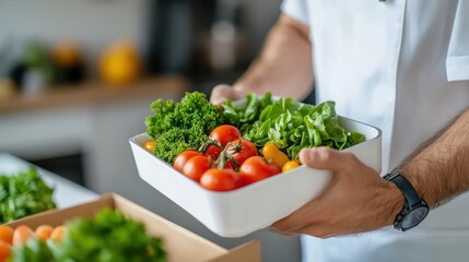 A man is preparing a salad with lettuce and tomatoes on a wooden cutting board.