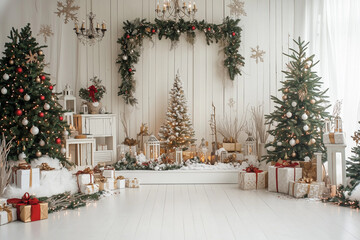 white theme christmas backdrop with wreath and gift box for celebration festive, white color christm