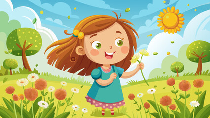 cute little girl blowing dandelions in a sunny flower meadow . Summer seasonal outdoor activities for children. The child smiles and enjoys summer fun