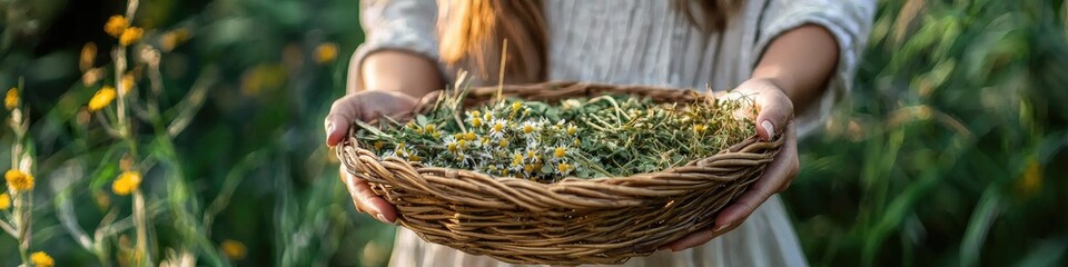 Wall Mural - a woman holds a basket with medicinal herbs in her hands. Selective focus