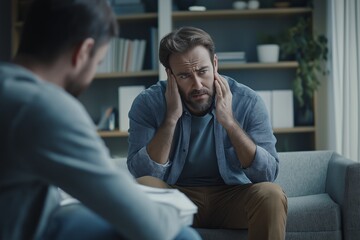 A man sits on a couch with his head in his hands. He is looking at a book