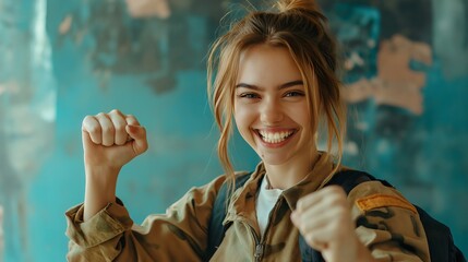 Wall Mural - Portrait of delighted excited happy female student young Caucasian teenager with a backpack, smiling and laughing on a college campus, enjoying education learning in a university setting, adolescence 