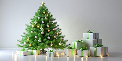 Wall Mural - Vibrant green Christmas tree with ornaments, white gift boxes, and soft string lights stands out against a crisp white background in a stunning 3D rendering.