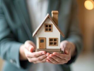  Woman holding a small house model in her hands representing real estate investment and home ownership concepts