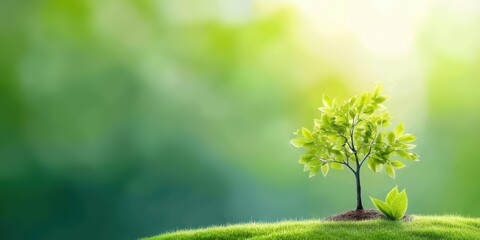 Green Tree Sapling Growing in Sunlight with Blurred Green Background