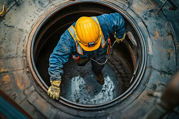 Wall Mural - A committed worker in safety gear descends into an industrial tank, highlighting the importance of safety and maintenance for safe operations