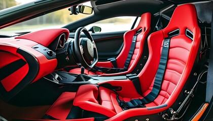 Wall Mural - Sleek red supercar seat featuring secure seat belts in a modern design