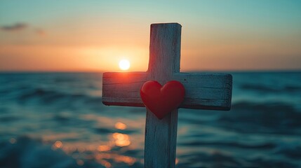 A wooden cross standing tall against the backdrop of the sea at sunrise, with a red heart hanging from it, symbolizing love and sacrifice.