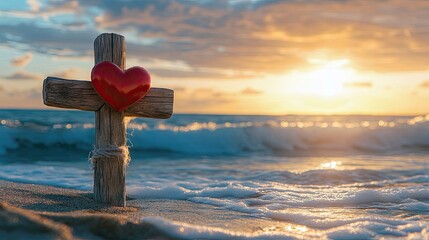 A wooden cross with a red heart tied to it, standing against the backdrop of the ocean and the golden morning light.