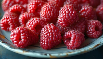 Wall Mural - Vibrant close-up of raspberries on a plate showcasing stunning color contrast for artistic visual comparison