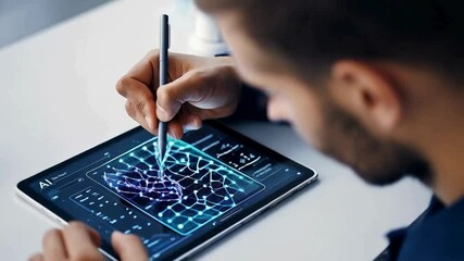 Man using Stylus on Tablet with AI Application Showing Data Network