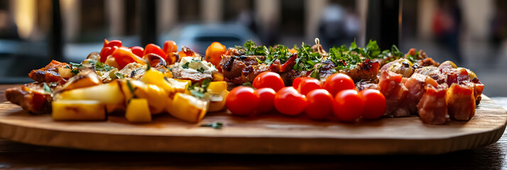 Wall Mural - Delicious Spanish tapas are beautifully arranged on a wooden platter in Barcelona, showcasing a variety of flavors and colorful ingredients enjoyed by locals and tourists alike