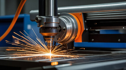 A close-up of a CNC machine cutting metal with sparks flying around in a high-tech industrial environment.