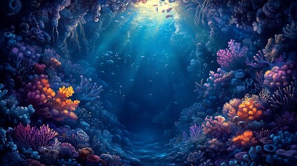 Beneath the ocean's surface, vibrant coral reefs radiate colors while sunlight gently filters through water, creating tranquility.