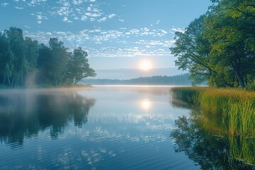 Wall Mural - A calm lake with a bright sun reflecting on the water