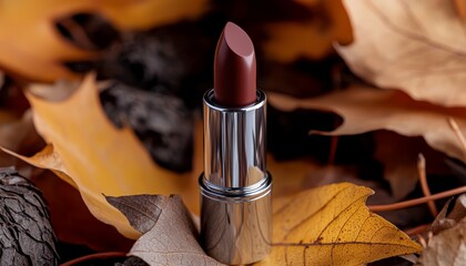 a beauty scene featuring a rich chocolate-colored lipstick, surrounded by autumn leaves, warm tones,