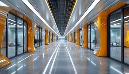 Wall Mural - Futuristic Interior Corridor in Business Building Showcasing Modern Architectural Design and Well-Lit Urban Office Environment