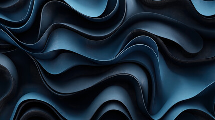 Poster - Abstract composition of flowing, undulating blue and black textured layers creating a wave-like pattern. The smooth curves and gradients emphasize a sense of depth and movement.