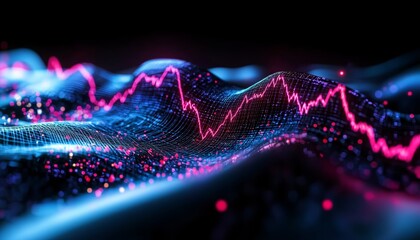 A dramatic, high-tech financial chart showing market trends with glowing lines, data points, and real-time trading fluctuations.