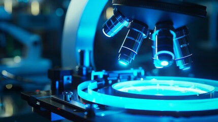 electric blue microscope in a scientific laboratory, with a circle of light illuminating the sample generative ai