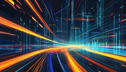 Wall Mural - Futuristic technology backdrop featuring glowing lines illustrating speed and motion, symbolizing rapid digital connectivity and dynamic data flow for internet transportation concepts