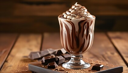 Wall Mural - Decadent chocolate milkshake served in a chilled cup, highlighting creamy textures and rich flavors on a rustic wooden table