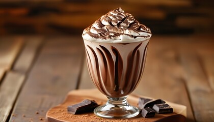 Wall Mural - Decadent chocolate milkshake served in a chilled cup, highlighting creamy textures and rich flavors on a rustic wooden table