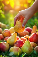 Wall Mural - A hand and a pile of fresh pear closeup view on lawn in orchard with trees