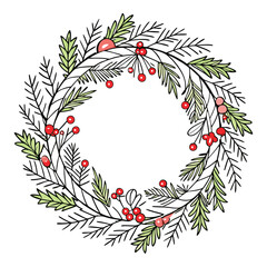 Canvas Print - Hand Drawn Christmas Wreath - Line Art Round Vector Frame for Cards, Invitations & Logos and more.