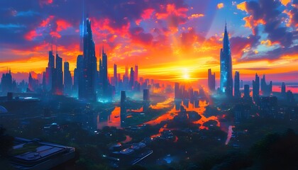 Ethereal glow of vibrant colors at sunrise illuminating a futuristic city skyline