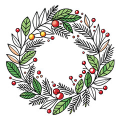 Wall Mural - Hand Drawn Christmas Wreath - Line Art Round Vector Frame for Cards, Invitations & Logos and more.