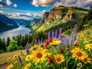 Wall Mural - Vibrant wildflowers sway gently in the breeze against a backdrop of lush greenery and rugged cliffs in the scenic Columbia River Gorge, Oregon.