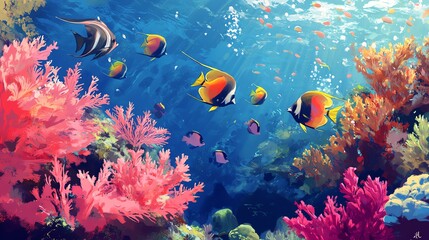 Naklejka na meble Vibrant underwater scene showcasing colorful fish swimming among lush coral reefs in a clear blue ocean.