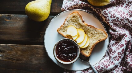 Wall Mural - Fresh homemade pear jam on breakfast bread with pear fruit