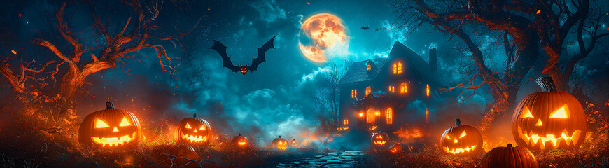 Haunted Halloween Night: An eerie and enchanting Halloween night scene. Jack-o-lanterns illuminate a spooky forest path leading to a haunted house under a full moon. A lone bat glides through the mist