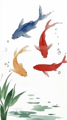 Poster - Watercolor Painting of Four Koi Fish in a Pond