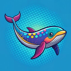 Colorful cartoon whale swimming with happy expression on bright pop art background