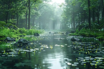 Wall Mural - A forest with a river running through it