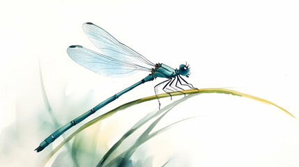 A delicate dragonfly perched gracefully on a slender blade of grass, showcasing its intricate wings and vibrant colors.