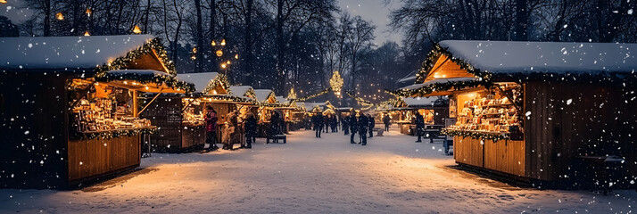 Wall Mural - at dusk, a traditional scandinavian christmas market comes alive with wooden stalls selling handmade