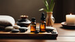 © Louve - Aromatic essential oils in glass bottles on wooden tray with stones and candles in cozy spa setting with copy space