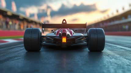 A sleek racing car on a track, showcasing its design and speed potential.