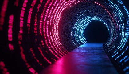 A glowing red and blue digital error glitch, stretching through a seemingly endless tunnel of binary data.