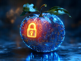 Wall Mural - A futuristic apple with glowing circuits and a lock symbol, representing digital security and technology innovation.