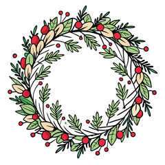 Canvas Print - Hand Drawn Christmas Wreath - Line Art Round Vector Frame for Cards, Invitations & Logos and more.