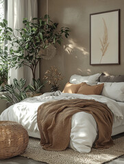 Poster - Cozy bedroom with a brown throw blanket and a large potted plant.