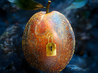 Wall Mural - A futuristic apple with circuit patterns and a lock symbolizing digital security and innovation in technology.